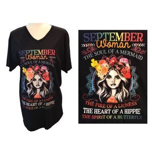 September Woman Bohemian V-Neck Birthday Birth Month Tee Shirt Sz M